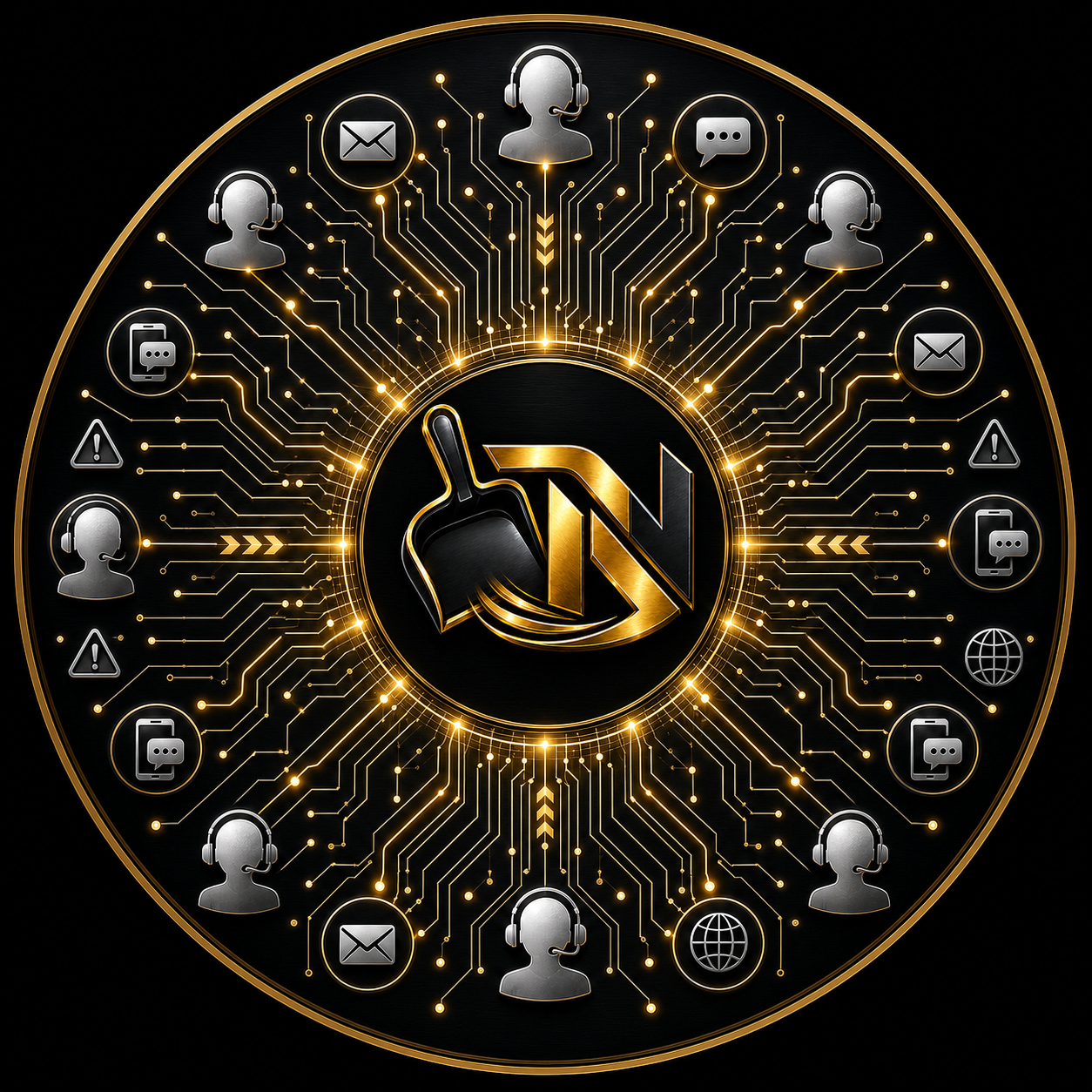 Silver communication and call-center symbols connected by gold data paths to the Dustpan Nexus intelligence core